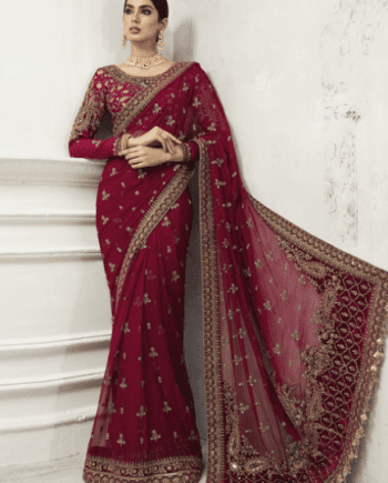 Maria B Red Hand Made Bridal Wear Stitched Saree Latest Collection 2022