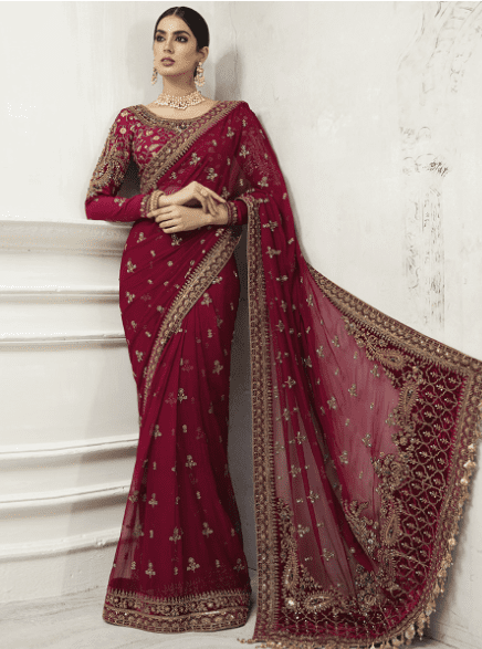 Maria B Red Hand Made Bridal Wear Stitched Saree Latest Collection 2022
