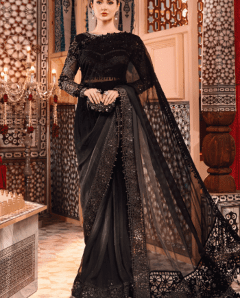 Maria b MBROIDERED Stiched Organza Grey and Black Saree (BD-2504)