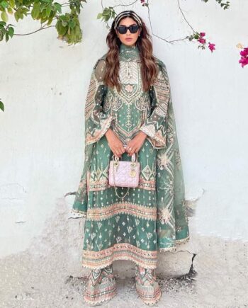 Party Wear Stitched Organza Aqua Green Embroidered Shalwar Kameez Dress