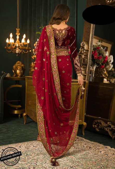Party Wear Chiffon Stitched Embroidered Red velvet Saree Sari