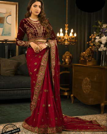 Party Wear Chiffon Stitched Embroidered Red velvet Saree