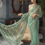 Party Wear Stitched Embroidered Aqua Mint Color Saree