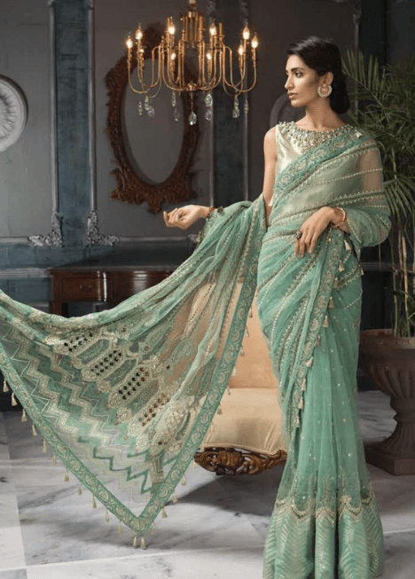 Party Wear Stitched Embroidered Aqua Mint Color Saree
