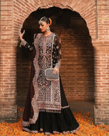 Party Wear Black chiffon Hand made Word Dress Latest Collection 2023