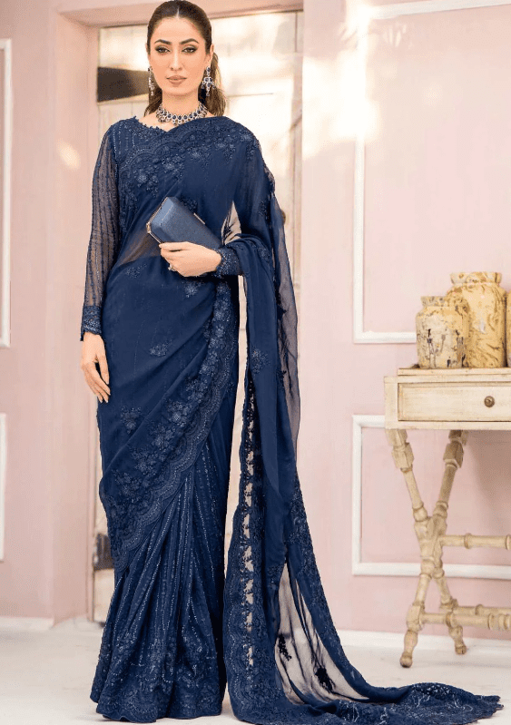 Blue Luxury Embroidered Chiffon Saree Collection 2023