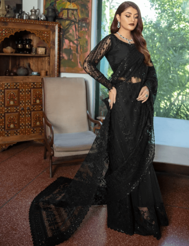 Black Luxury Embroidered Formal Wedding Saree