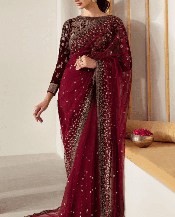 Mahroon EMBROIDERED VELVET FORMAL Saree Latest Collection 2023