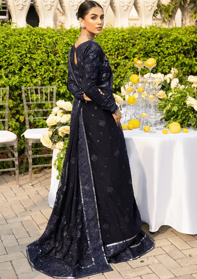 Blue Sequin Saree back view with sequined blouse