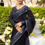 Blue Sequin Saree front view with shimmering sequins