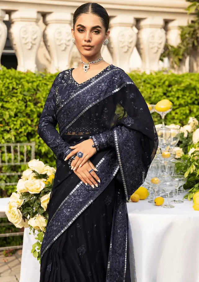 Blue Sequin Saree front view with shimmering sequins