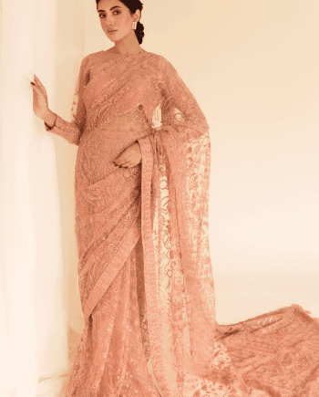 Net Peach Embroidered Saree Latest Collection 2023