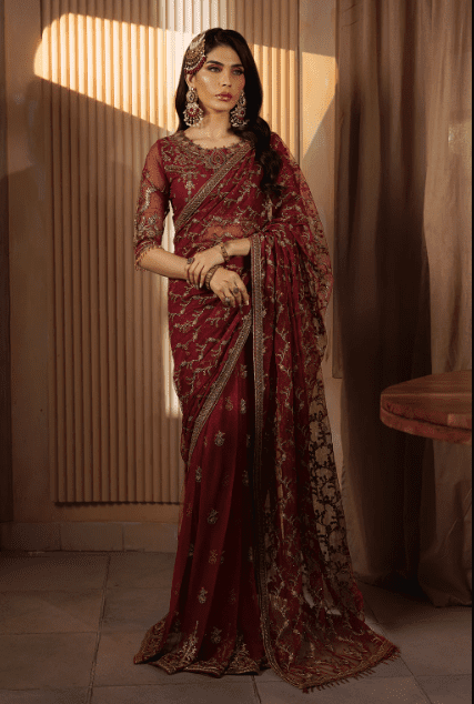 Mahroon net 02 Embroidered Saree Latest Collection 2023
