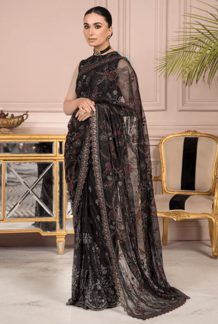 Black & RED Net Embroidered Saree Latest Collection 2023