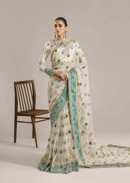 White Net U-1537 Saree Embroidered Squance Work Latest Collection 2024