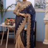 Blue Saree front view with Schiffli embroidered chiffon