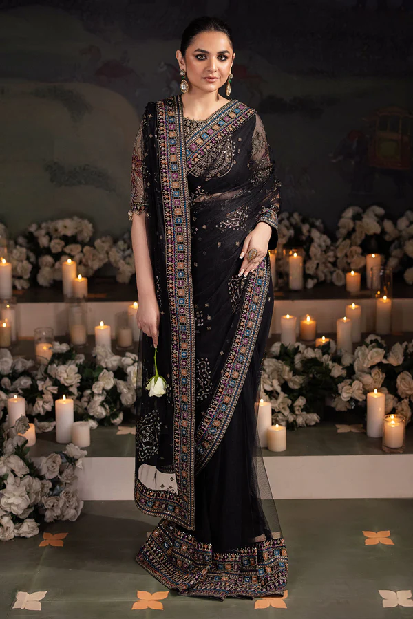 Black Designer Saree with Intricate Embroidery, Perfect for Weddings and Special Occasions"