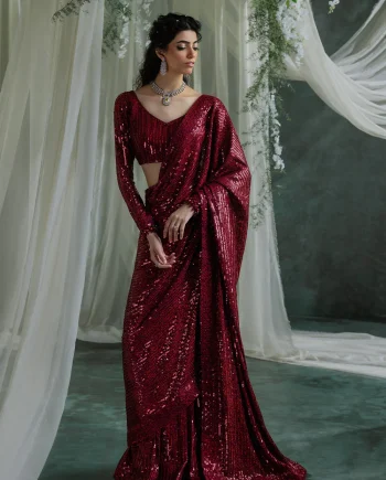 Red Sequin Saree - Front View