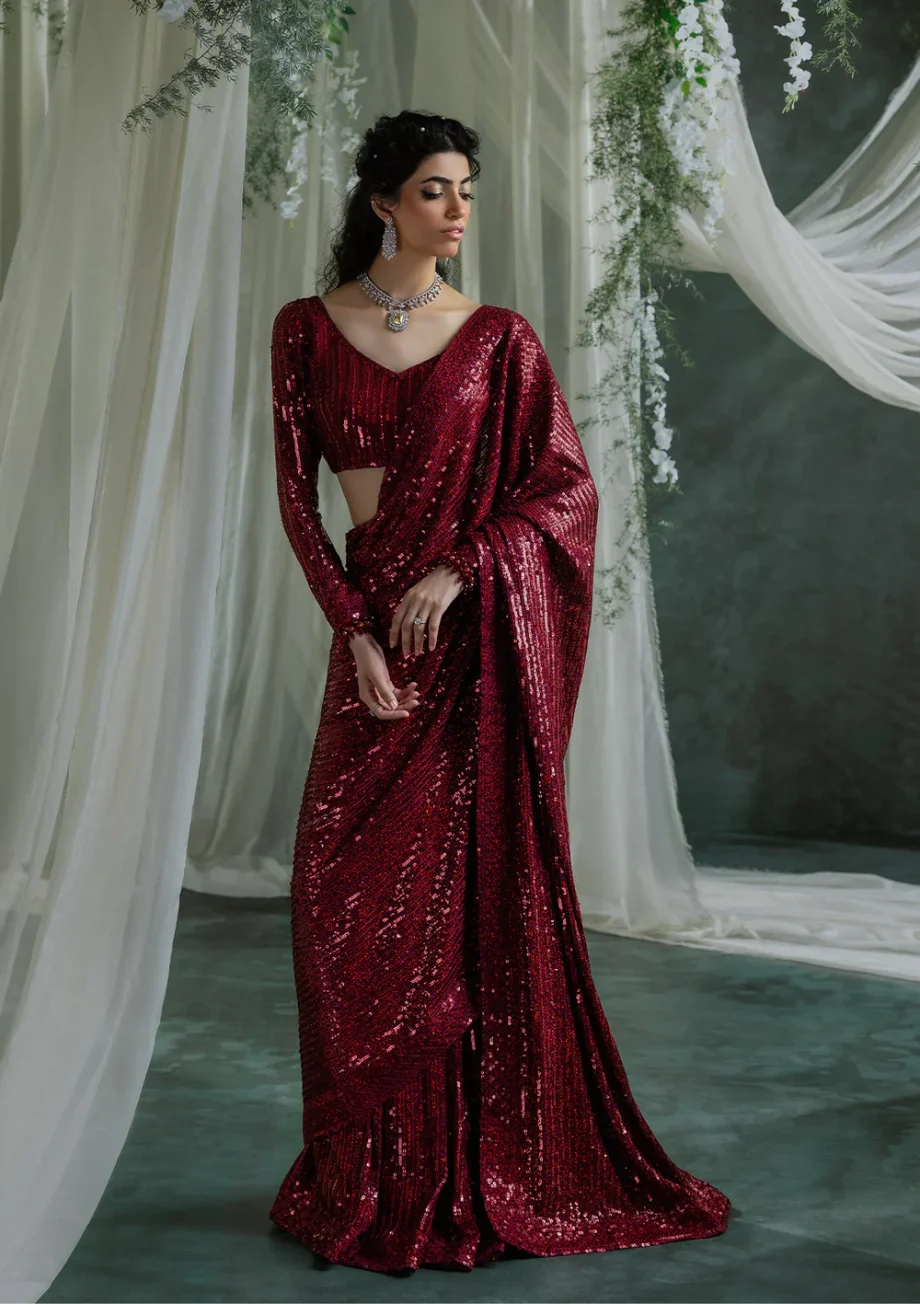 Red Sequin Saree - Front View