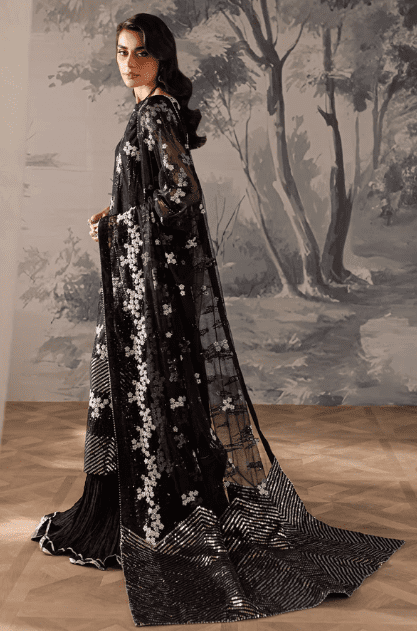 Black and White Saree back view with striped sequin blouse