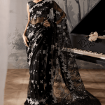 Black and White Saree front view with sequin embroidered blouse