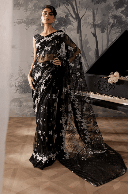 Black and White Saree front view with sequin embroidered blouse