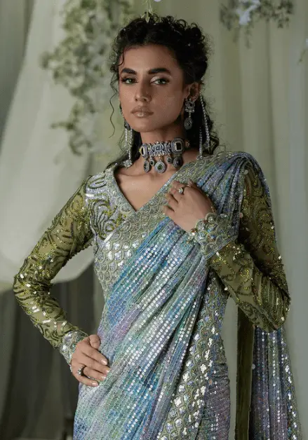Green Sequence Saree blouse close-up with embroidery