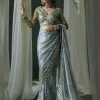 Green Sequence Saree front view with embroidered chiffon body