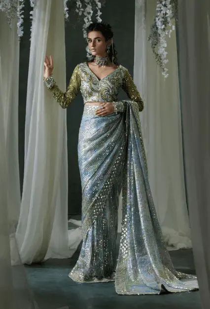 Green Sequence Saree front view with embroidered chiffon body