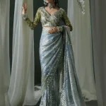Green Sequence Saree full view with embroidered chiffon pallu