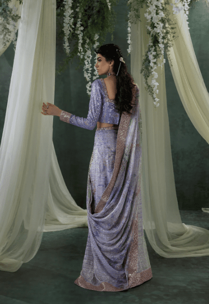 Lilac Sequins Saree back view with embroidered chiffon blouse