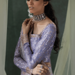 Lilac Sequins Saree blouse close-up with embroidered chiffon