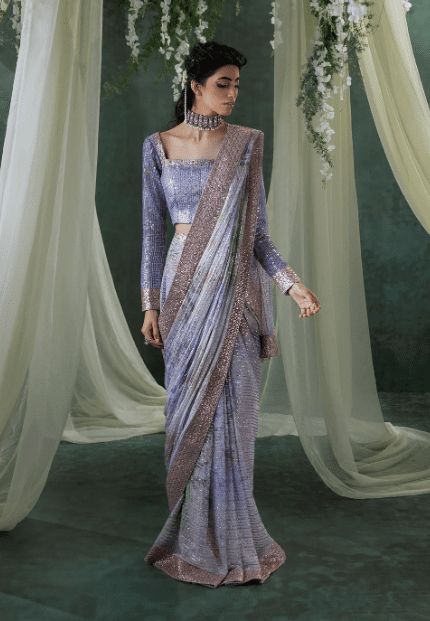Lilac Sequins Saree front view with embroidered chiffon body