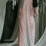 Peach Colour Saree back view with embroidered blouse