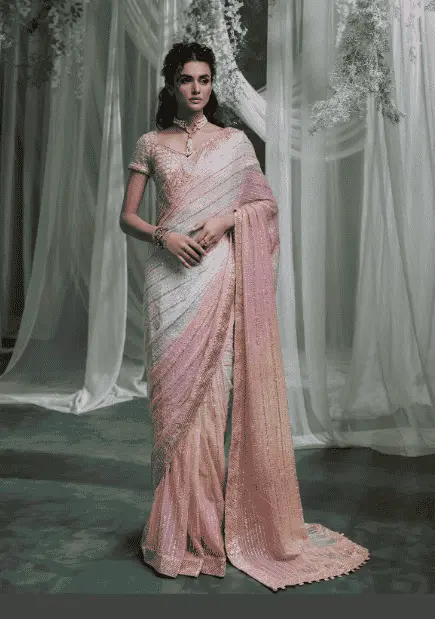Peach Colour Saree front view with sequins and embroidery