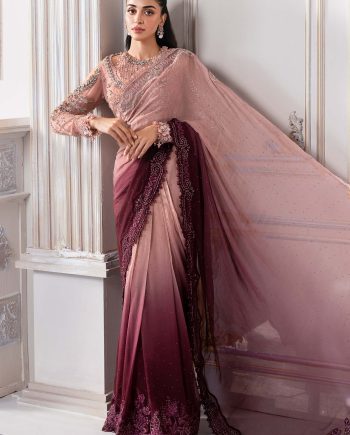 Maria B BD-3001 saree front view in tea pink and maroon chiffon with silver stone work