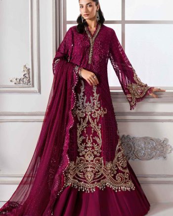 Full front view of the Maria B BD-3003 stitched embroidered chiffon suit.