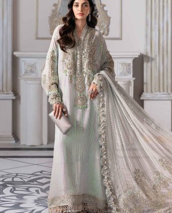 Maria B BD-3005 Ice Blue Shirt Front View – Stitched Luxury Chiffon Suit with Intricate Embroidery."