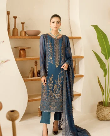 Blue chiffon salwar kameez with delicate embroidery and stylish design.