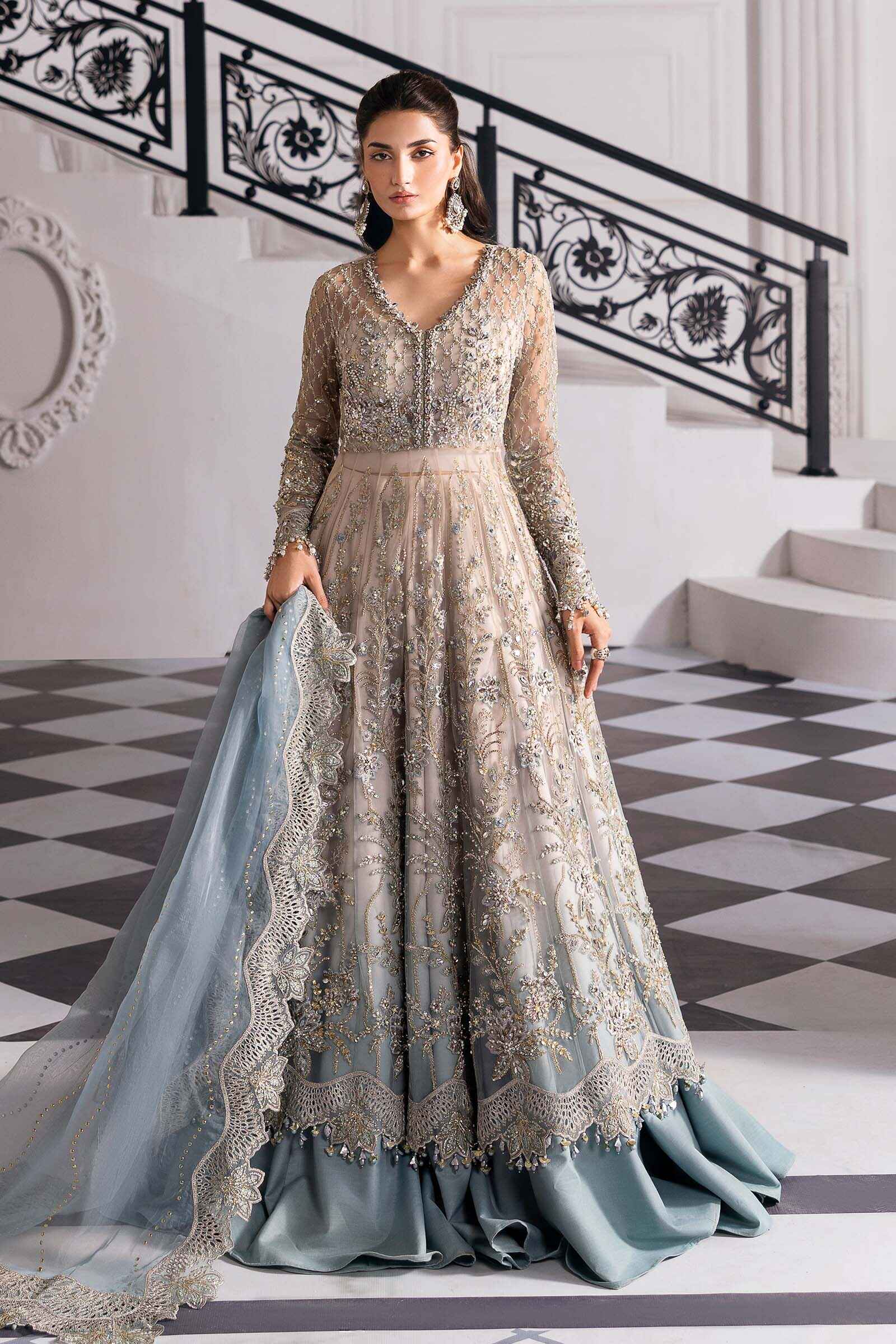 knee length dresses for ladies Maria B Pure Organza Luxury Pakistani Maxi 2024 – Wearza