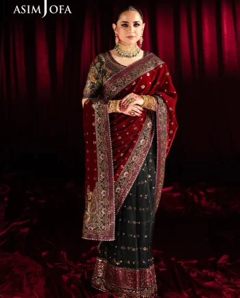 Front full view of Asim Jofa velvet saree in green and red