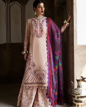 Front view of Hussain Rehar Nirmal Lehr lawn suit in vibrant embroidery