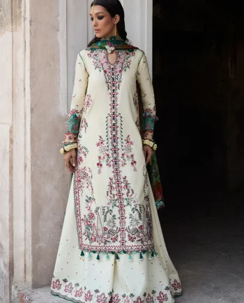 Front view of custom stitched Hussain Rehar Nirmal Sahil butter yellow lawn suit with intricate embroidery
