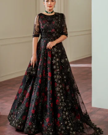 Baroque black embroidered maxi front view – V13-D05