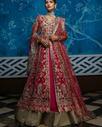 MUSHQ Red Carpet Lehenga front view – red net embroidered party wear USA