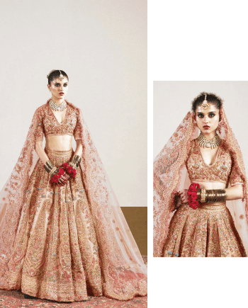 Elegant blush pink bridal lehenga with hand embroidery, perfect for weddings.