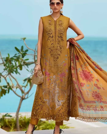 Maria B EID LAWN-25-06 mustard stitched suit front view with 3D floral embroidery