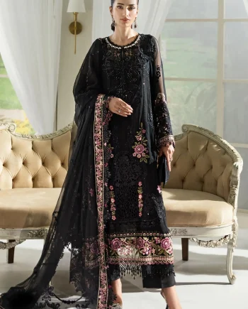Maria B MPC-25-104 Black Chiffon Suit front view with 3D embroidery and hand embellishment – Salai Karai USA