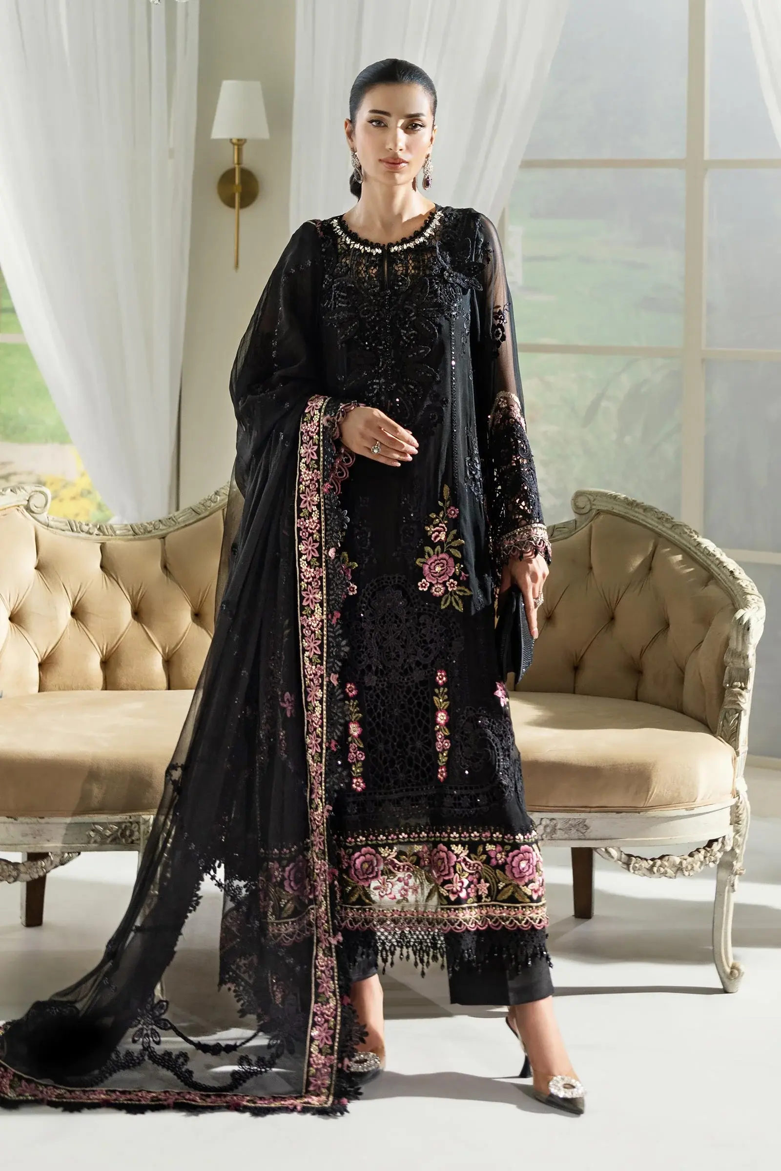 Maria B MPC-25-104 Black Chiffon Suit | Luxury 3D Outfit-Salai karai