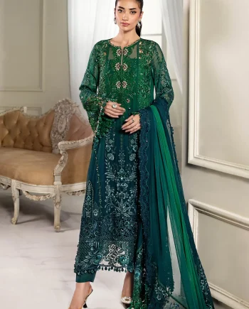 Maria B MPC-25-106 green to teal chiffon suit front view USA